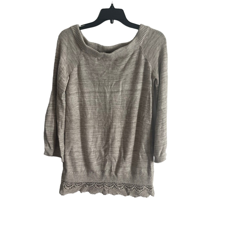 Knox Rose Womens Small Beige Crochet Lace Trim Long Sleeve Sweater Oatmeal Boho
